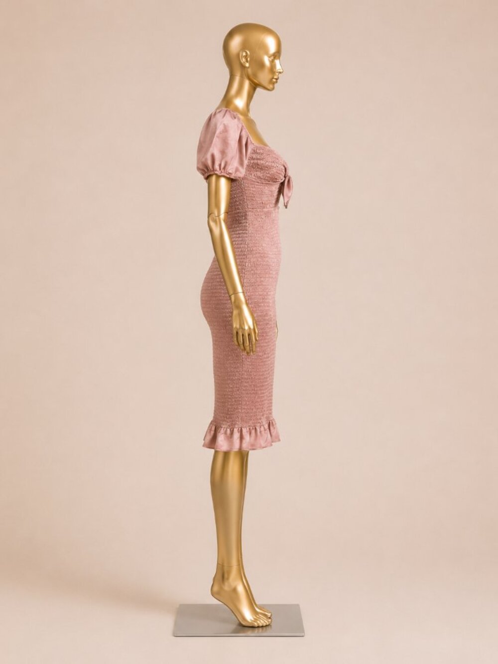 BLUSH Dusty Rose Smocked Puff Sleeve Midi Dress Size L - Picture 4 of 9